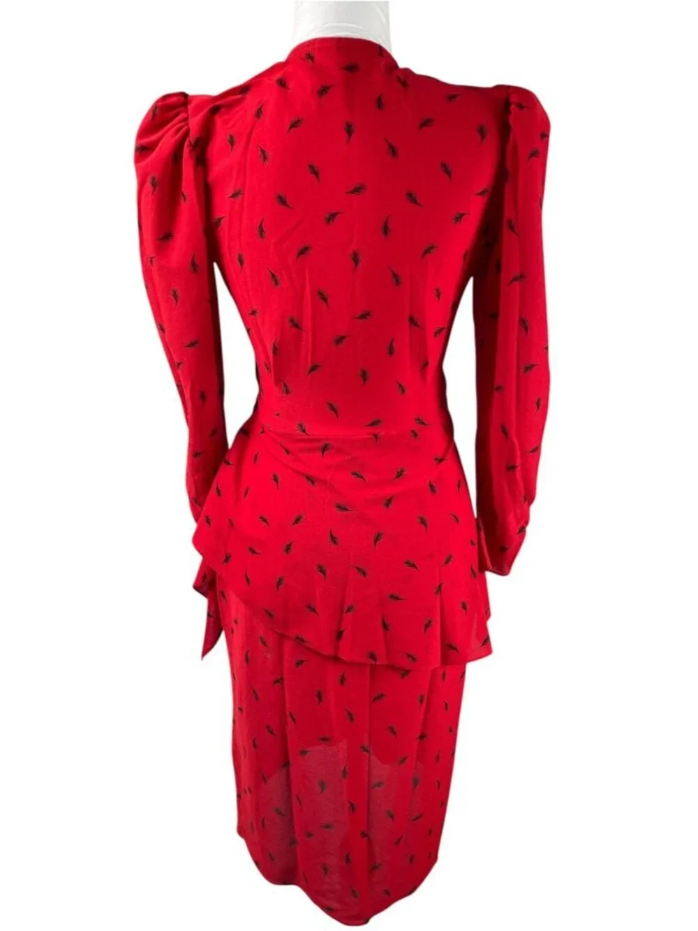 Vintage 80s Red Peplum Midi Dress | Black Leaf Print | Puff Shoulders | S Retro - Picture 2 of 13